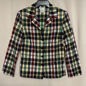 Agnes B. 100% Cotton Checkered Blazer, Size 38, US 6/8, Grn/Blu/Red/Yelw/Wht